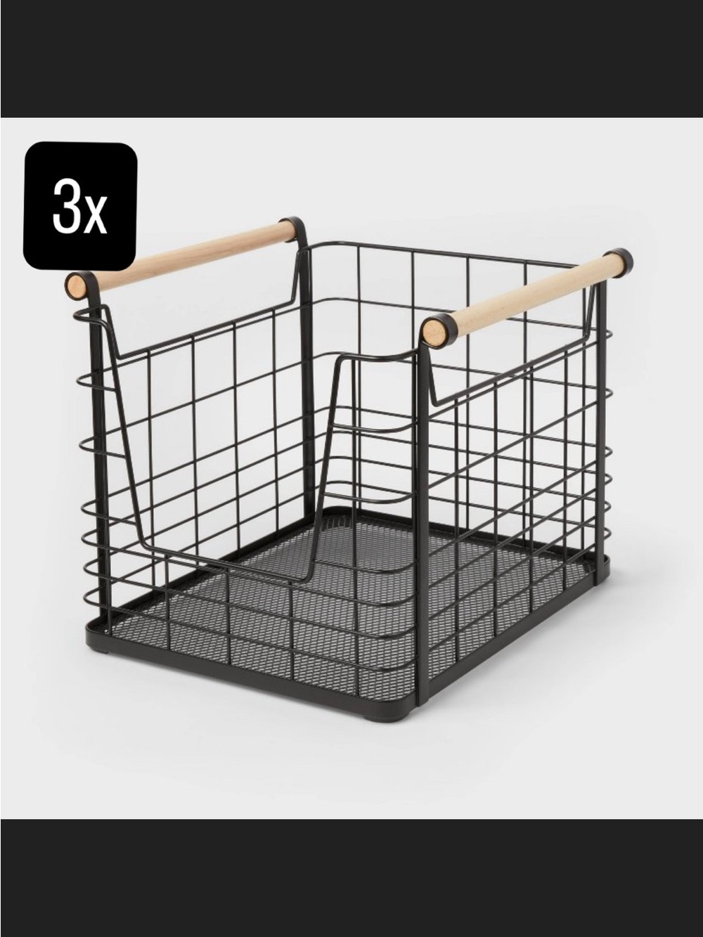 Set of 3 Wire Open Front Baskets with Natural Wood Handles from Brightroom